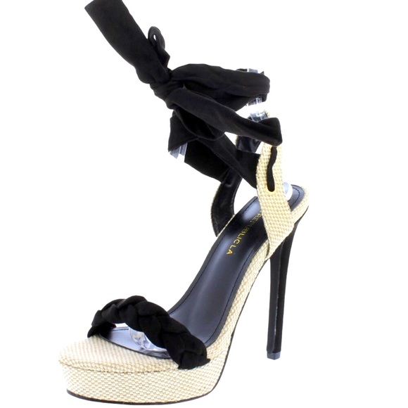 Black & Nude Strappy Lace Ankle Wrap Up High Heel Sandals - Picture 2 of 4